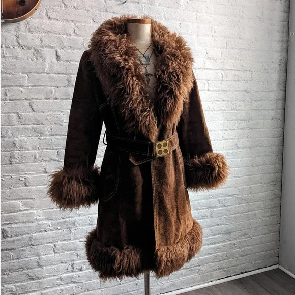 70s Vintage Brown Suede Penny Lane Afghan Coat Fur Furry Groovy Boho Chic Jacket - Picture 4 of 9